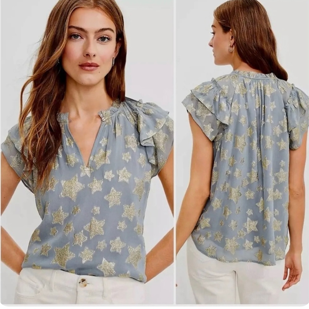 Ann Taylor Loft Gray Shimmer Star Ruffle V-Neck Blouse Small Petite
